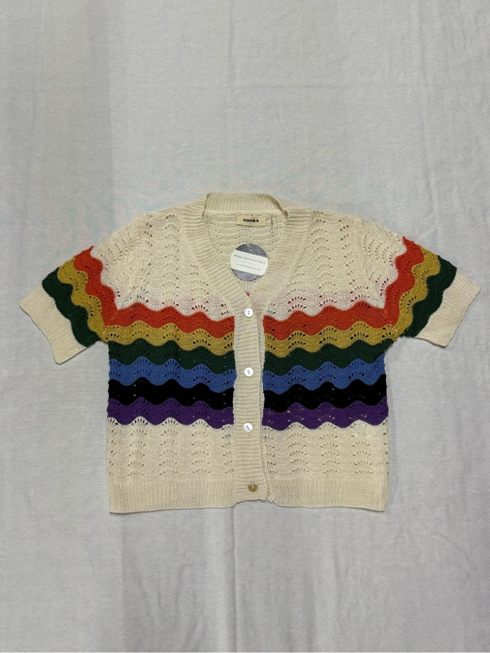 ADORA Cream Knit Short-Sleeve Cardigan with Rainbow Wave Stripes